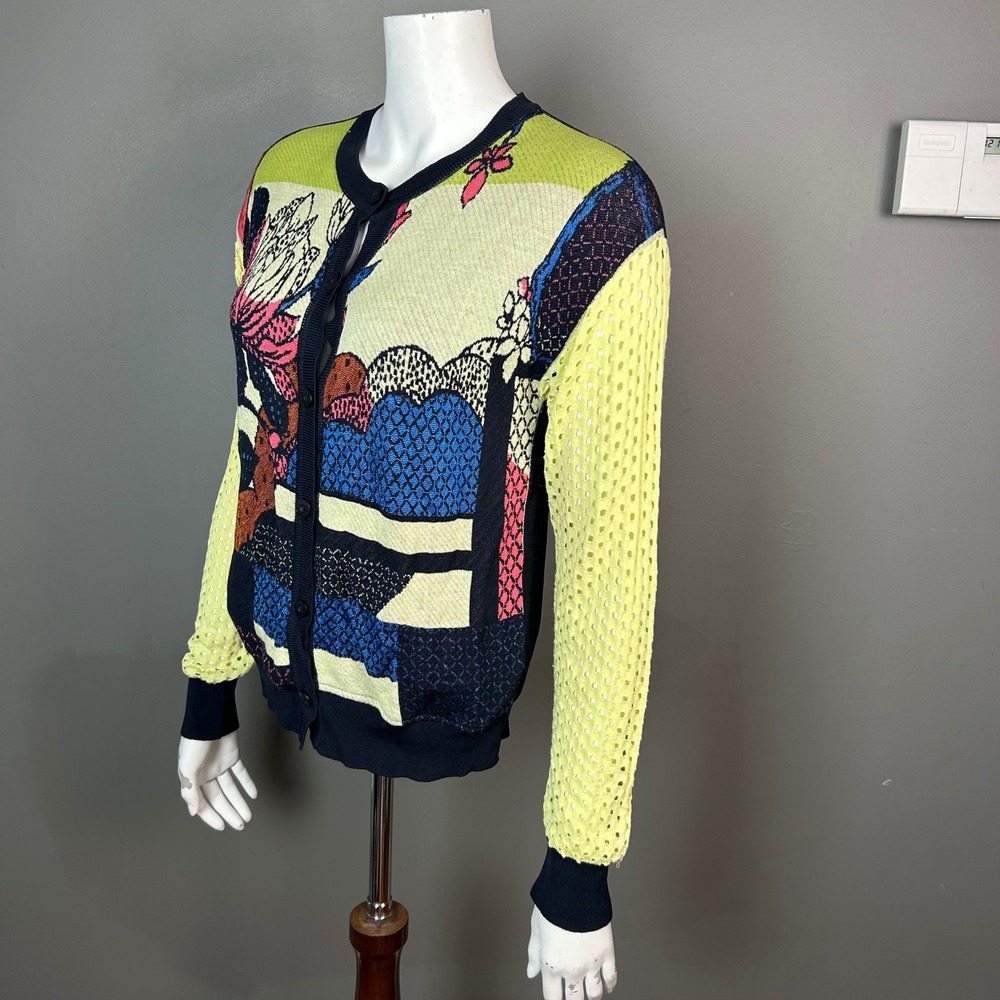 Aldo Martins Floral Mixed Media Mesh Sleeve Cardigan Navy Yellow Size 6 US 40 EU - Picture 3 of 8
